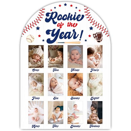 Baseball My First Year Photo Board, Rookie of The Year Baby Milestone Signs for Boys Girls Nursery Decor, 12 Month Wooden Picture Board for 2x3 Photos, Best Babies Keepsake Gifts-A09