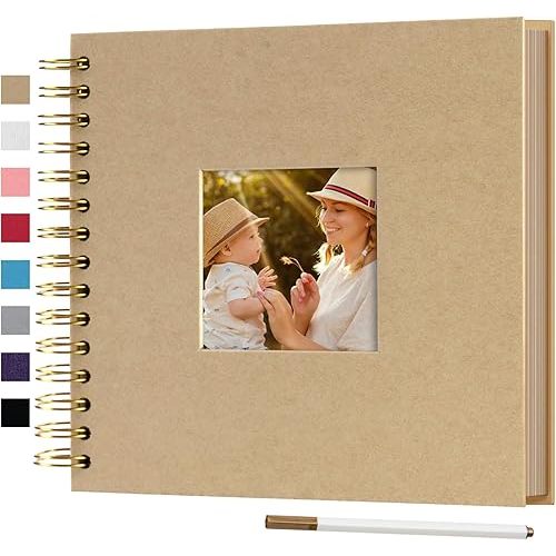 8 x 8 Inch Small DIY Scrapbook Photo Album with Window Design Cover 80 Pages Craft Paper Memory Book for Weeding Family Travel and Baby (Brown)