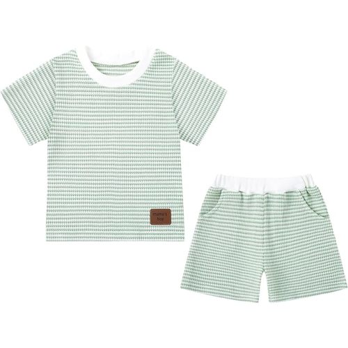 YALLET Toddler Baby Boy Clothes Cute Outfit Striped T-Shirt with Leather Tag + Short Set 3 Months-3 Years