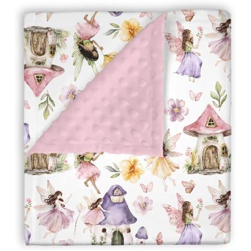 EyMzcod Mink Baby Girl Blankets Pink Purple Fairy Tale Garden, Whimsical Magical World Soft Double Layer Dotted Backing Receiving Swaddle, Newborn Infant Toddler Nursery Crib Bedding Shower Gift 30x40
