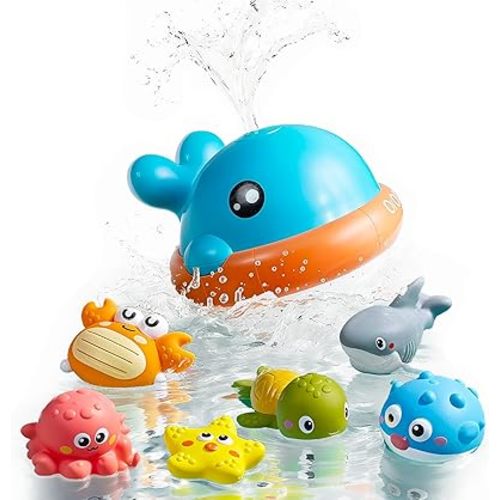 OR OR TU Light Up Whale Sprinkler Bath Toys for Baby Toddler, Mold Free No Hole Animal Bathtub Toys Set Water Toy for Kids 18M+