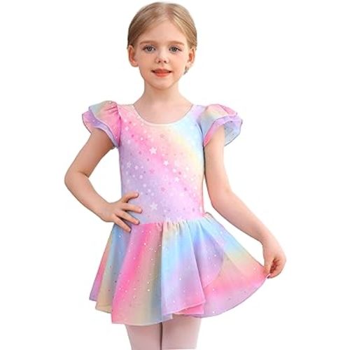 MdnMd Ballet Leotards for Girls Toddler Dance Ballet Leotard with Skirt Ballerina Dresses Tutu Outfits Flutter Sleeve