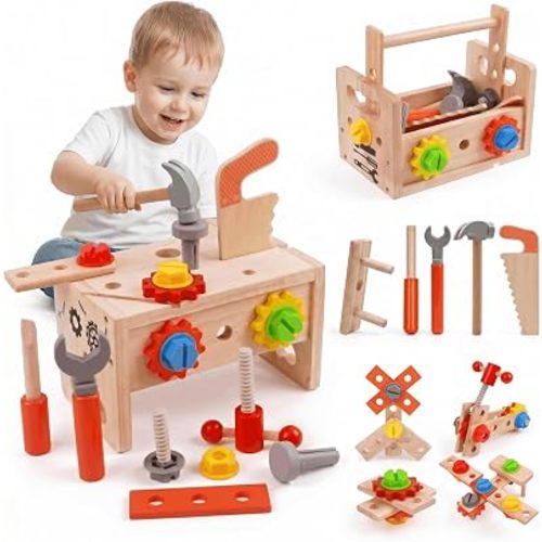 Kids Tool Set, 29 PCS Wooden Toddler Tool Box Workbench, Montessori STEM Educational Construction Pretend Play Toy, Birthday Gift for Ages 2-6 Year Old Boys Girls