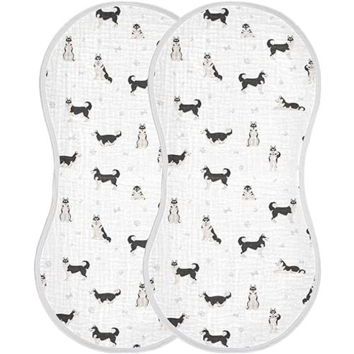 Muslin Baby Burp Cloths, Cute Dogs Siberian Husky Muslin Washcloths Baby Rags Comfy Soft Absorbent in for Newborn Boys and Girls 2 Piece 22 x 11 Inch