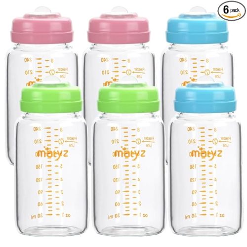 Matyz Glass Breastmilk Storage Bottles, 6 Pack, 8 oz, Compatible With Spectra Medela Breast Pump - Freezer Safe Storage Bottles Set - Wide Mouth Breastmilk Storage Containers - BPA Free (3 Color Lids)