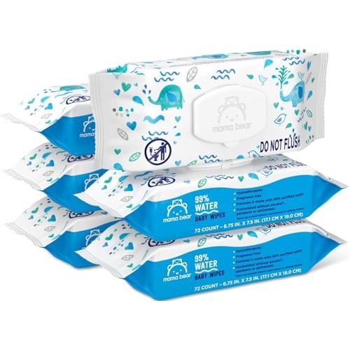Amazon Brand - Mama Bear 99% Water Baby Wipes, Hypoallergenic, Fragrance Free,72 Count (Pack of 6)