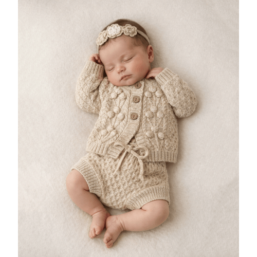 Hand knitted Pom Matalyn Set Oats – Olive and Cradle