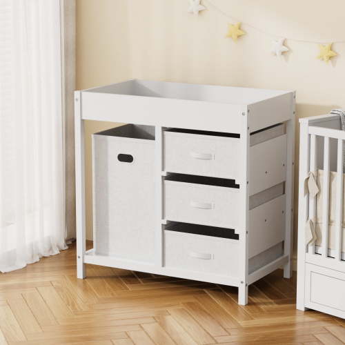 YUFU 33" H Baby Changing Table With Foam Pad 6 Fabric Drawers , Wooden changing Station Removable Changing Pad Multi-functional Diaper Station
