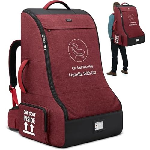 RAINSMORE Padded Car Seat Travel Bag for Airplane Car Seat Backpack, Red