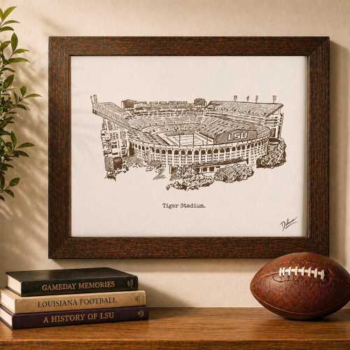 LSU Tiger Stadium Art Print, Hand Drawn Football Stadium Illustration, Personalized LSU Tigers Gift, Custom Sports Fan Wall Art