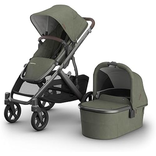 UPPAbaby Vista V3 Stroller + Bassinet V3 - Convertible Single-to-Double Stroller System- Bassinet, Toddler Seat, Bug Shield, Rain Shield Included - Evelyn (Meadow Green/Graphite Frame/Chestnut)