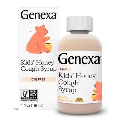 Genexa Kids’ Organic Honey Cough Syrup, Dye Free, 0% Artificial Additives, Children's Cough Remedy for Kids 2-11, Soothing Natural Honey Flavor, Gluten Free, & Non-GMO 4 fl oz