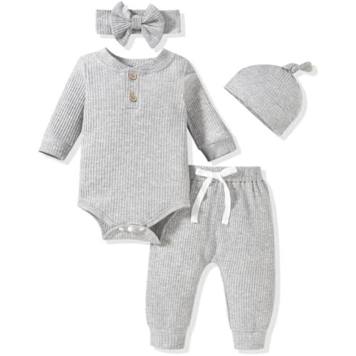 Aalizzwell Gender Neutral Long Sleeve Baby Ribbed Outfit with Hat & Headband