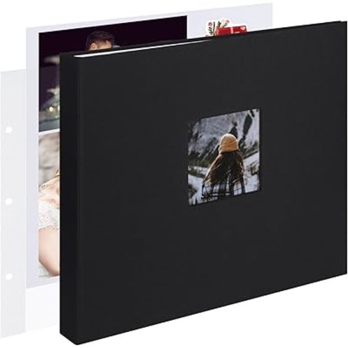 12x12 Inch Large 3 Ring DIY Scrapbook Photo Album Journal with 30 Plastic Sleeves 60 Pages and Fabric Cover for Baby Travel Wedding Anniversary kids Adventure (Black Cover/White Pages)