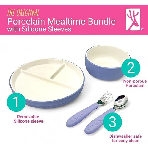 Elk and Friends Kids Porcelain Mealtime Bundle | 10 Pcs Dinnerware Set | Plates Bowls & Toddler Utensils | Microwave & Dishwasher Safe