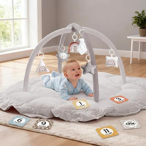 5-in-1 Thick & Plush Baby Play Gym, Baby Play Mats for Floor, Tummy Time Mat with 6 Toys, Convertible Stage-Based Developmental from Babies to Toddlers, Ball Pit, Pet Cushion Cloudico, Grey