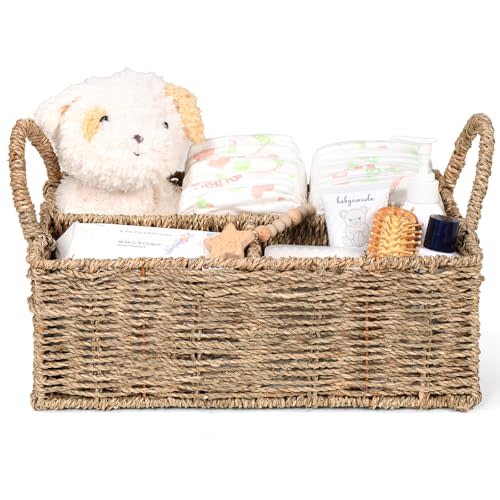 Diaper Caddy Organizer, Hand Rattan Nursery Baby Basket Changing Table Organizer for Baby Essentials, Baby Shower Gifts, Versatile Shelf Basket Bathroom/Kitchen Organizer (Natural Beige, L)