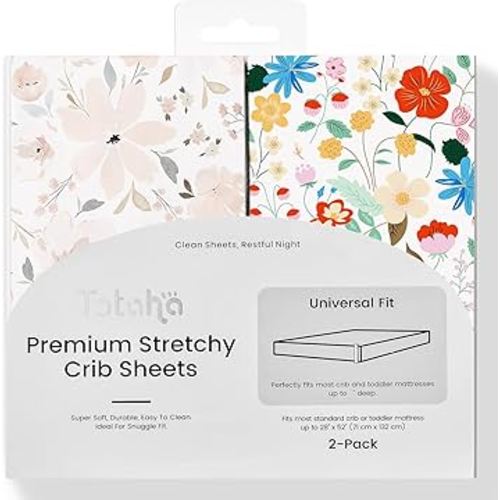 TotAha Floral Crib Sheets 2-Pack, Hypoallergenic, Silky Comfort, Buttery Soft, Calming Effect, All-Season Jersey-Knit Pink Flower Baby Sheets, Premium Stretchy 9'' Extra Deep Pocket