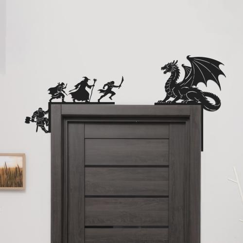 Fantasy Metal Door Topper, Dragon and Adventurers Scene, RPG Decor