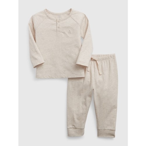 Baby 100% Organic Cotton Henley Two-Piece Outfit Set in oatmeal beige, size: 0-3 M