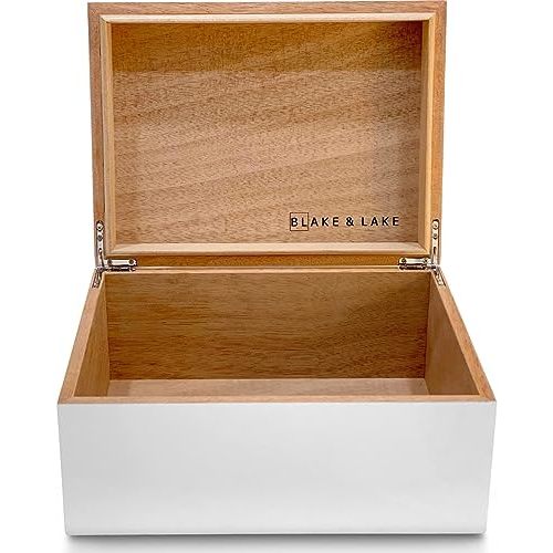 Blake & Lake Large Wooden Keepsake Box - White, Hinged Lid - Decorative Storage Box for Jewelry and More