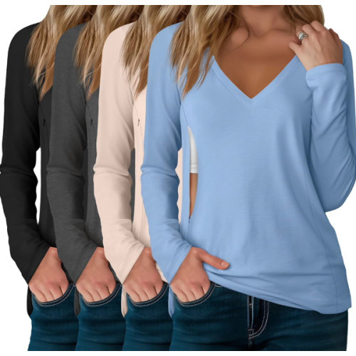 4 Pack Women's Long Sleeve Nursing Shirts with Hidden Zipper V Neck Breastfeeding Clothes Maternity Loose Fit Tops