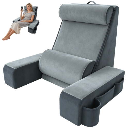 Yacona Reading Pillow for Bed, Back Pillow for Bed Sitting up with Arm Rests, Back Support Chair with Side Pockets, Gray