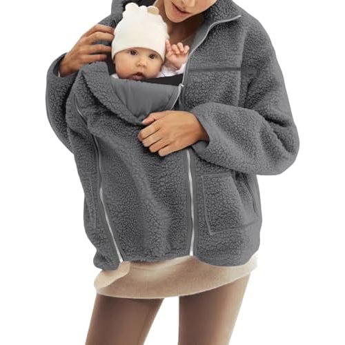 Womens Jacket Shearling Fleece Baby Sherpa Lined Zip Up Hooded Outerwear with Infant Pocket for Mother Overcoat
