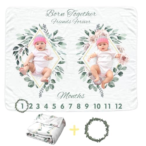Twins Baby Monthly Blanket for Girls boy, Newborn Month Blanket, Soft Flannel Photography Background Prop, Personalized Shower Gift, Boho Flower Leaf