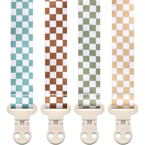 Stadela Baby Pacifier Clip Holder - Girl or Boy Unisex 4 Pack Gift Set – Neutral Modern Retro Checker Green Blue Brown Beige