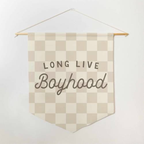 Long Live Boy hood Checkered Flag, Pennant Banner Wall Art for Kids Room in Checkerboard Fabric, for Boys Nursery Playroom or Bedroom