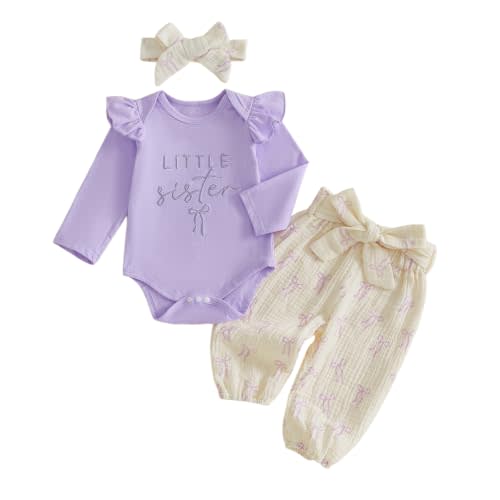 Kaipiclos Newborn Baby Girl Clothes Little Sister Outfit Long Sleeves Romper Pants Baby Clothes for Girls 0 3 6 12 18 Months