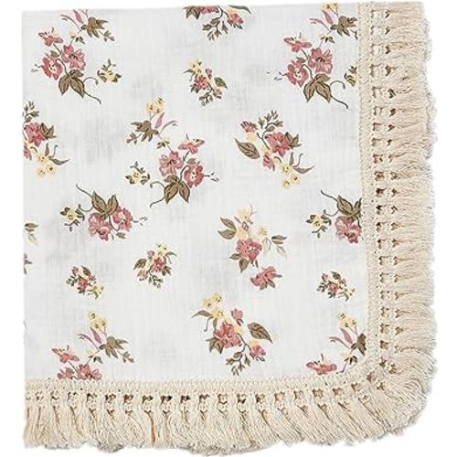 insular Cotton Muslin Baby Blanket with Tassel, Boho Bohemian Muslin Swaddle Blanket Baby Receiving Blanket with Fringe, Nursery Decor Throw or Nursing Blankets, 47" x40”, Floral