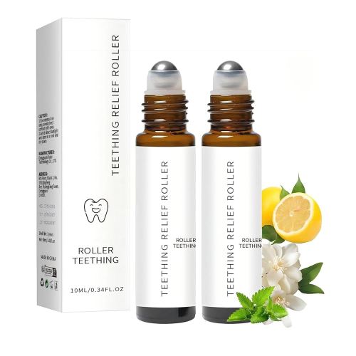 Teething Roller All Natural for Babies, Natural Gum Relief with Chamomile & Rose Oil, Gentle Massage Applicator for Soothing Infant Teething Pain, Essential Oil Massage Roller 2PACK