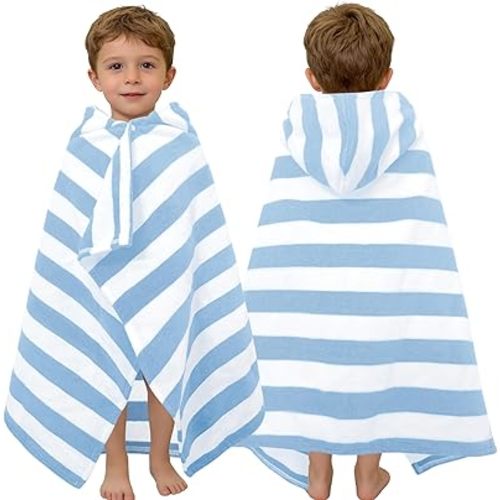 VOOVA & MOVAS Hooded Bath Towels for Toddler 0-3T, 25''X40, Soft | Thick | 100% Cotton | Absorbent Towel Wrap for Baby Boy, Perfect for Beach, Pool, Bath, Swimming,Light Blue Stripe