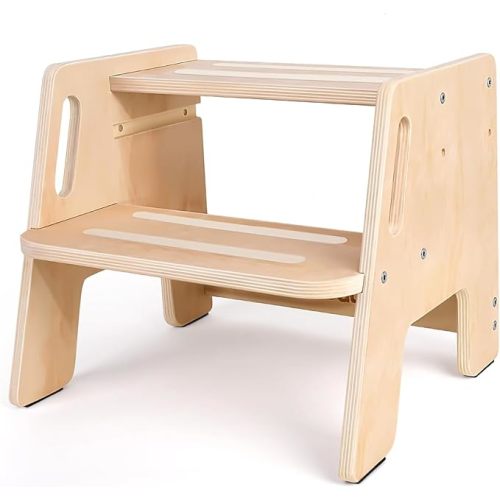 Toddler Step Stool, Wooden Height-Adjustable 2-Step Stool for Kids, Potty Training Stool with Handles for Bathroom Sink, Kitchen, Bedroom