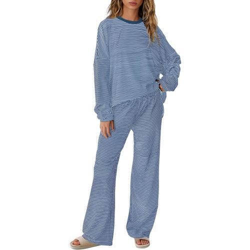 SENSERISE Womens Striped Lounge Set 2 Piece Outfits Striped Matching Pajama Sets Oversized Shirt Wide Leg Pants