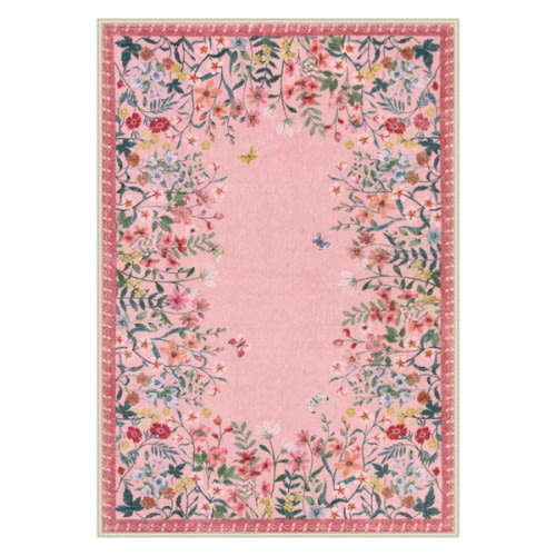 Floral Vintage Washable Pink Area Rug with Non Slip Backing - Low Pile Durable Carpet for Living Room, Bedroom, Dining Room or Office Decor