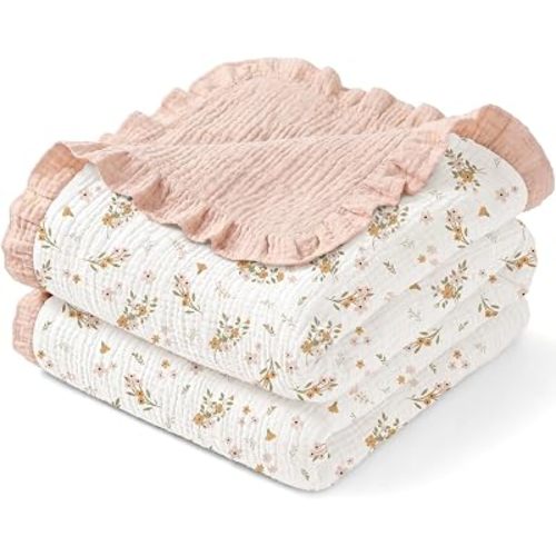 Muslin Baby Blanket for Girls with Ruffled Edges, 41"x41" (Pink)