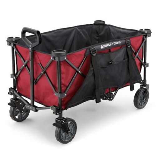 Gorilla Carts Collapsible Folding Outdoor Utility Wagon with 7 Cu Ft Oversized Bed, 150 lb Load Rating, Zippered Pockets and Cup Holders, Red