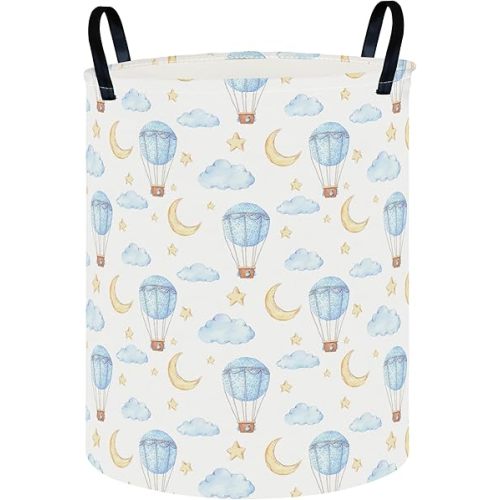 CLOCOR Round Collapsible Flat Storage Basket,Space-Saving Fabric Laundry Hamper,storage Bag, Gift Basket(Blue Balloon)