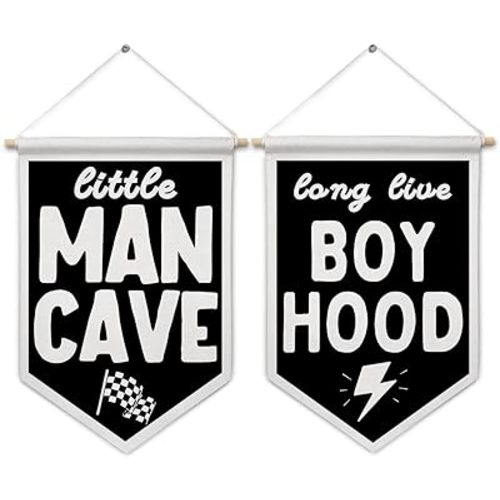 ArtisaEura Boy Nursery Wall Canvas Banners, Long Live Boyhood Little Man Cave Hanging Display Pennant Banner Flags, Minimalist Race Car Wall Decor for Toddler Nursery Boys Room Playroom, Set of 2