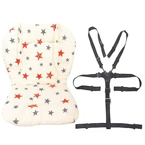 Twoworld Baby High Chair Seat Cushion Liner Mat Pad Cover and High Chair Straps (5 Point Harness) 1 Suit (Stars)