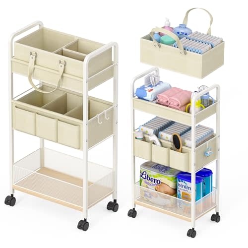 2In1 Baby Diaper Caddy & 3-Tier Rolling Cart, Diaper Caddy Organizer Carts with Dividers, Mobile Metal Utility Cart for Nursery Essentials, Detachable Bedside Cart, Large Capacity, White