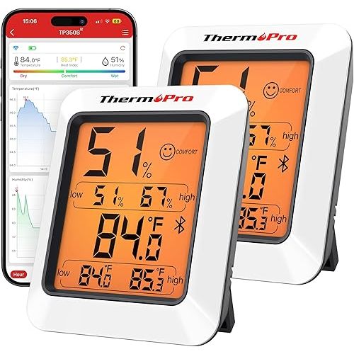ThermoPro Hygrometer Thermometer for House TP350, Bluetooth Room Indoor Greenhouse Thermometer Monitor Up to 260FT, Backlit Humidity Meter Temperature Sensor with 2-Year Data Export, 2 Pack