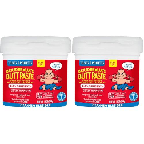 Boudreaux's Butt Paste Maximum Strength Diaper Rash Cream, Ointment for Baby, 14 oz Flip-Top Jar (Pack of 2)