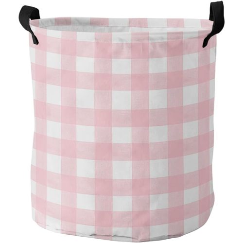 Pink Buffalo Plaid Large Laundry Basket, Waterproof Laundry Hamper for Baby Clothes, Farmhouse Pink White Checkered Foldable Laundry Baskets with Handles, 16.5''x17''