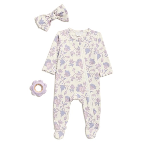 Ditsy Floral Print Footie, Bow & Teether Set