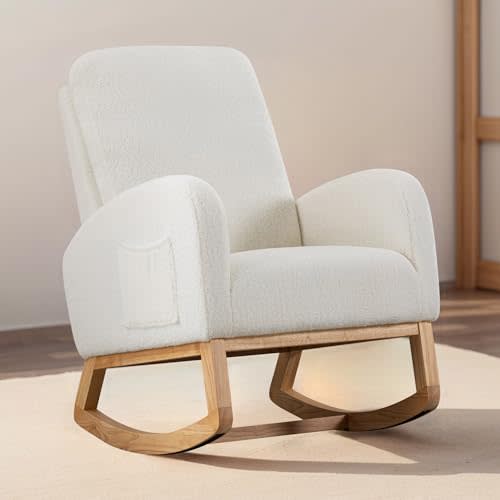 Rocking Chair Nursery, Comfy Nursery Rocking Chair with Side Pocket, High Backrest Glider Rocking Chair, Fuzzy, Ivory