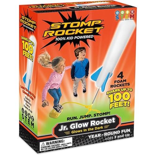 Stomp Rocket Jr Glow Rocket Launcher for Kids - 4 Glow-in-The-Dark Rockets - Outdoor Fun Toy Gift for Boys & Girls - STEM Soft Foam Blaster Set Soars Up to 100 Feet - Ages 3 & Up